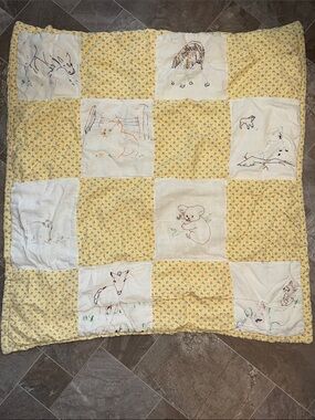 Vintage Handmade Yellow Floral Patchwork Quilt with Animal Embroidery 40x40